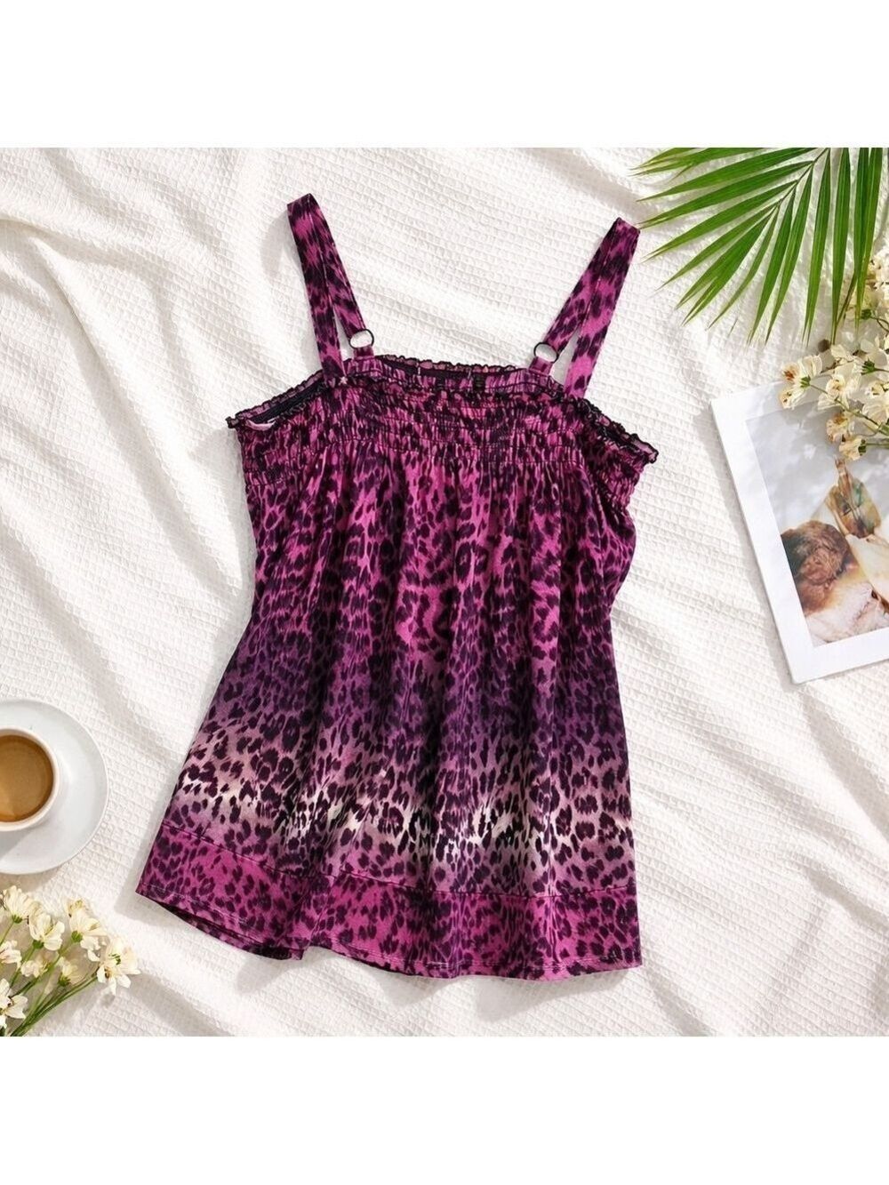 MXM Plus Sz 1X Magenta Leopard Print Smocked Stretch TankTop Festival Streetwear